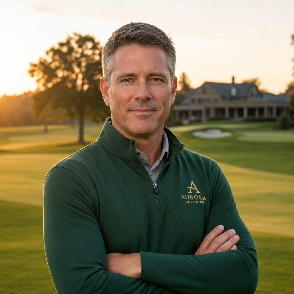 Head Golf Professional with short salt-and-pepper hair wearing a dark green pullover, standing on a manicured fairway at sunrise
