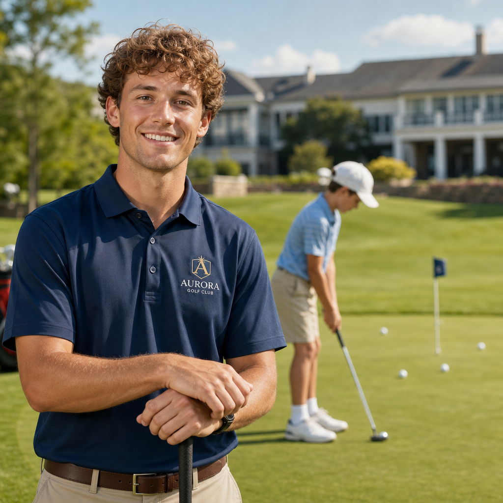 Junior development instructor with curly light brown hair wearing a navy polo, smiling with a junior golfer on the practice green