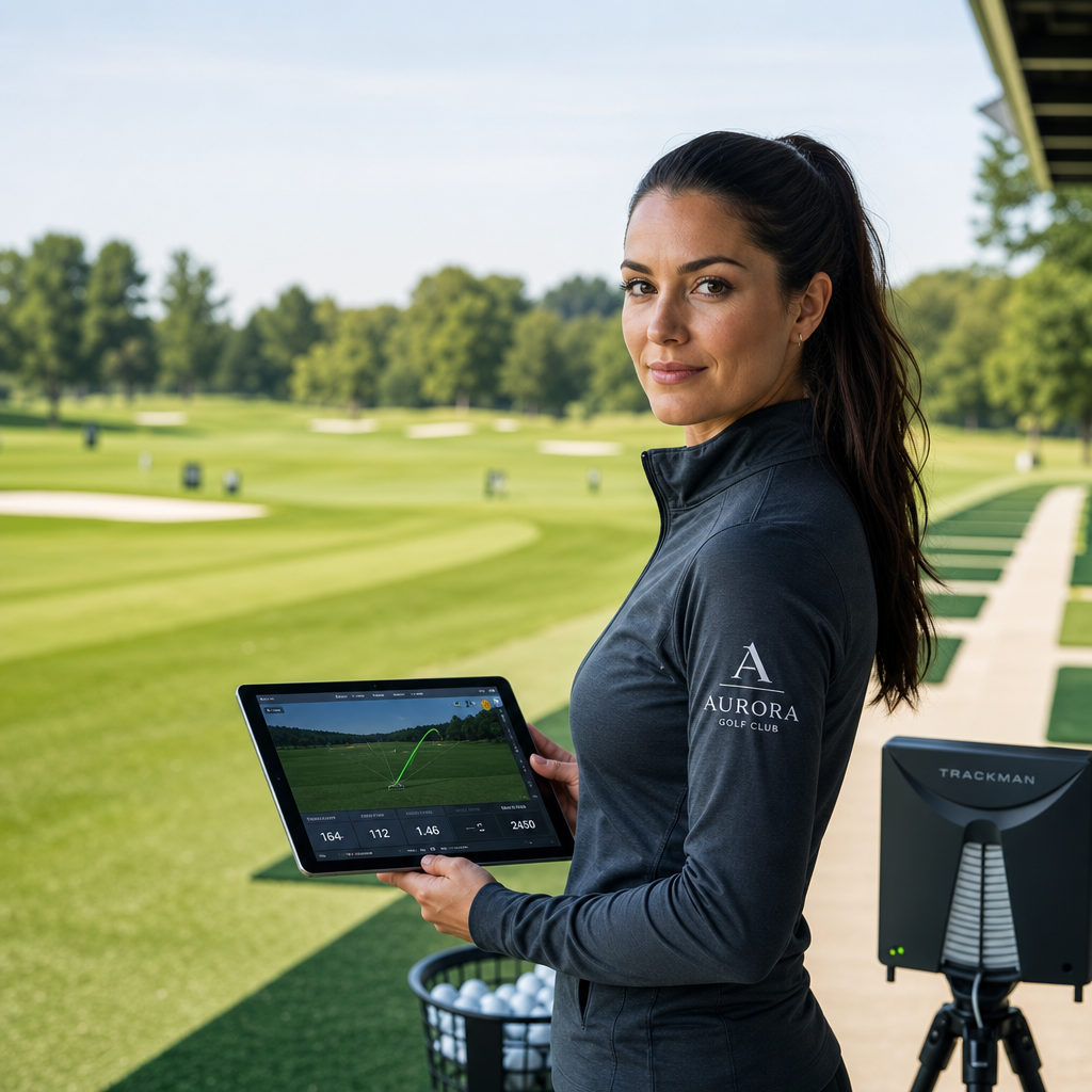 Performance coach with long dark hair in a ponytail wearing a charcoal performance jacket, holding a launch monitor tablet beside the practice range
