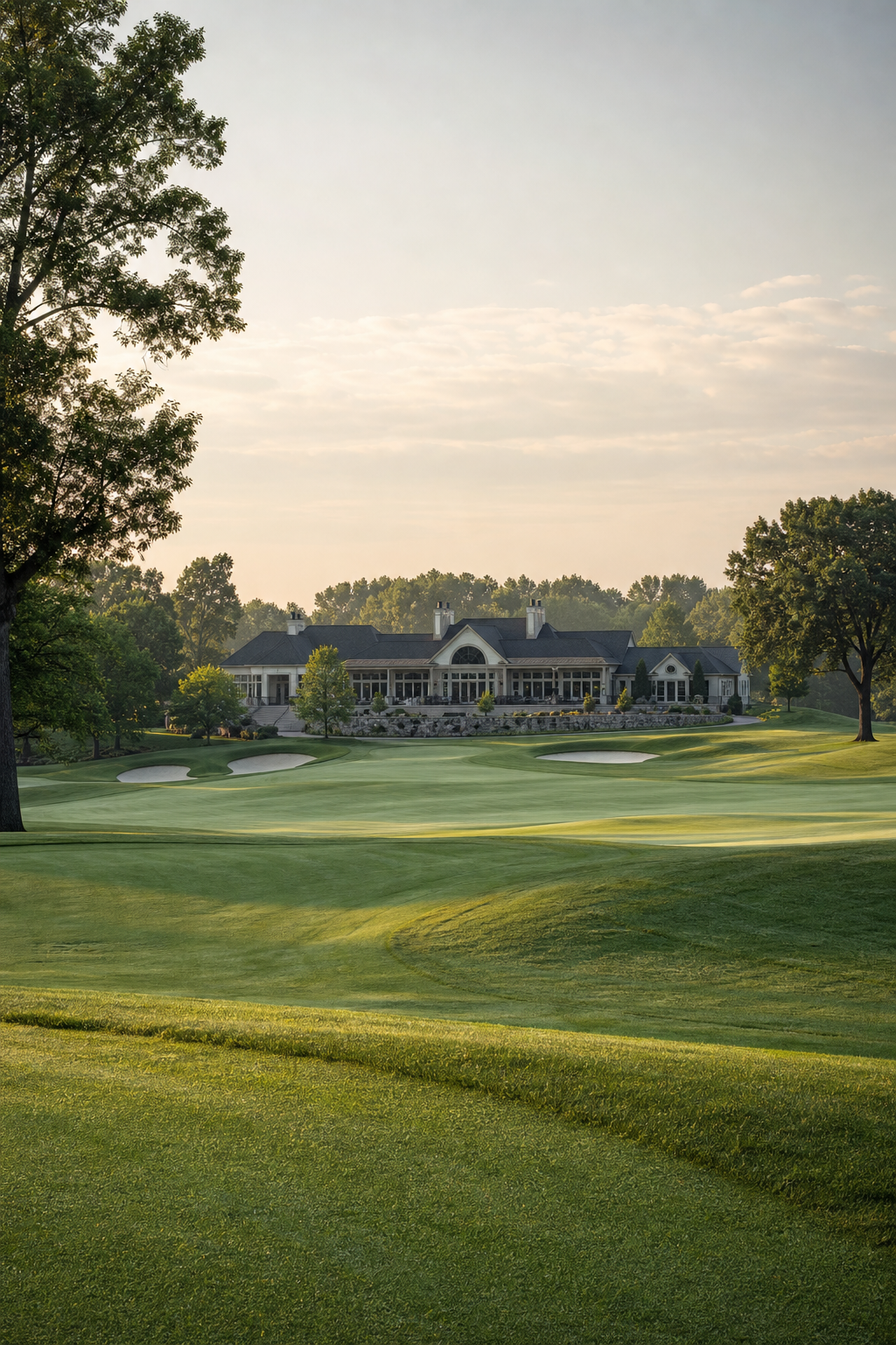 Panoramic view of a lush green golf fairway with a modern clubhouse in the distance under a soft morning sky