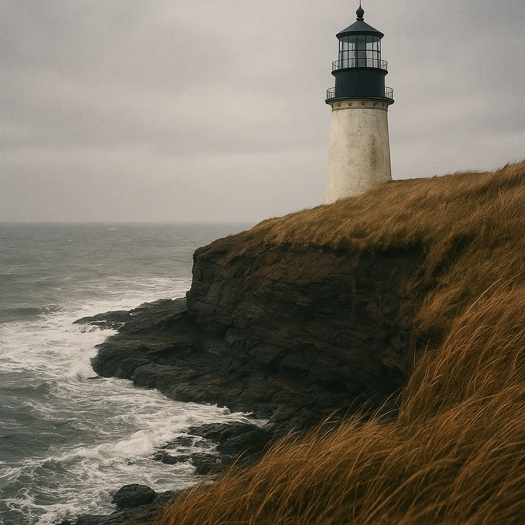 Archival coastal frame of a lighthouse base above eroded cliff edge and rough shoreline