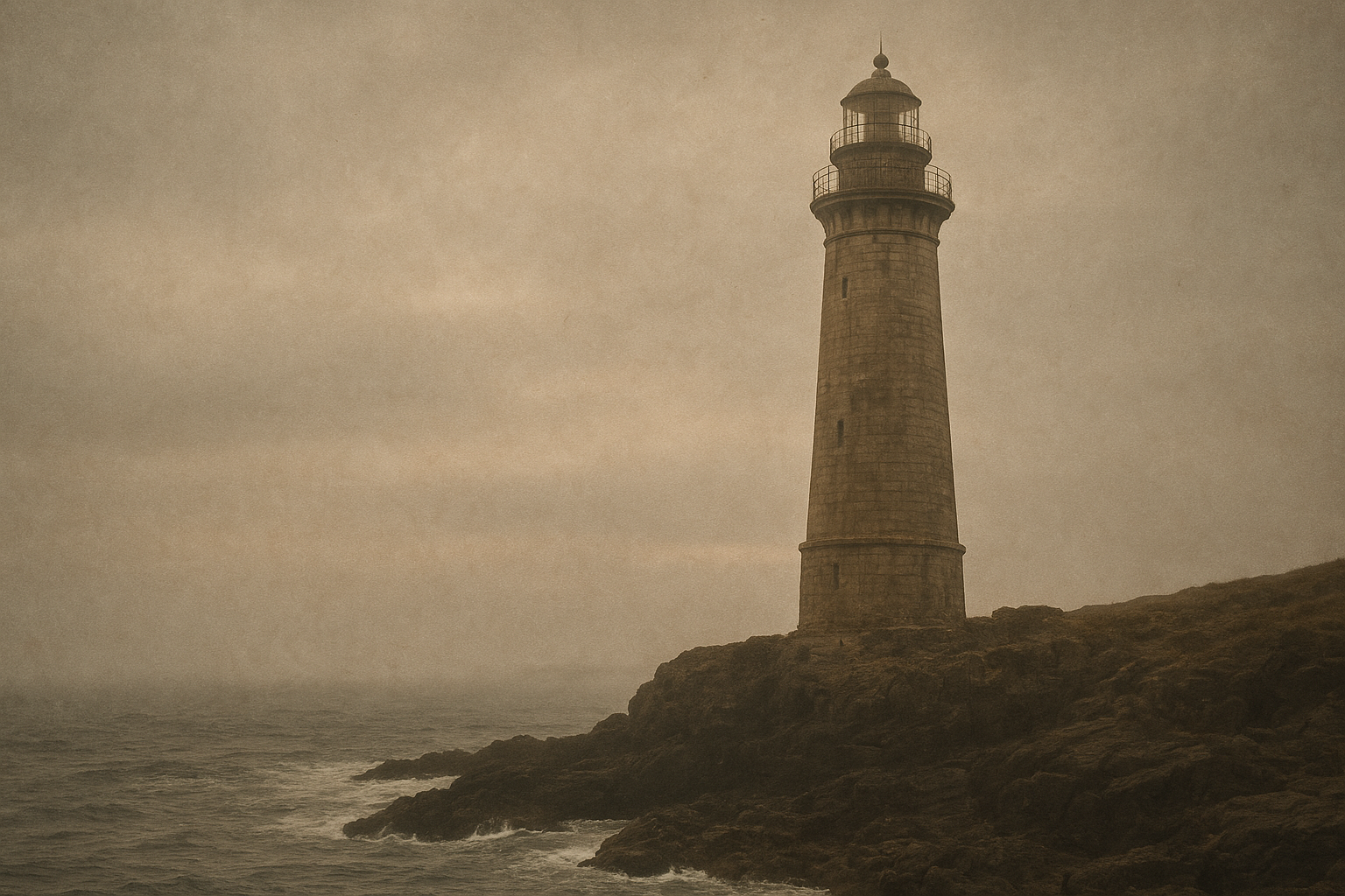 Weathered northern coast lighthouse on a rocky cliff at dusk, with sea mist, muted warm tones, and archival documentary mood
