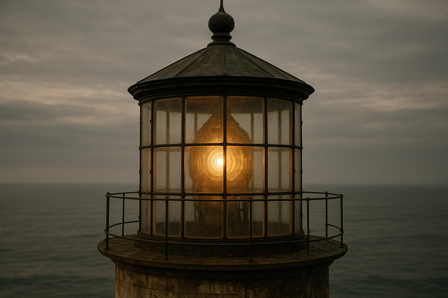 Wide archival-style view of a lighthouse lantern room with salt haze and worn brass framing