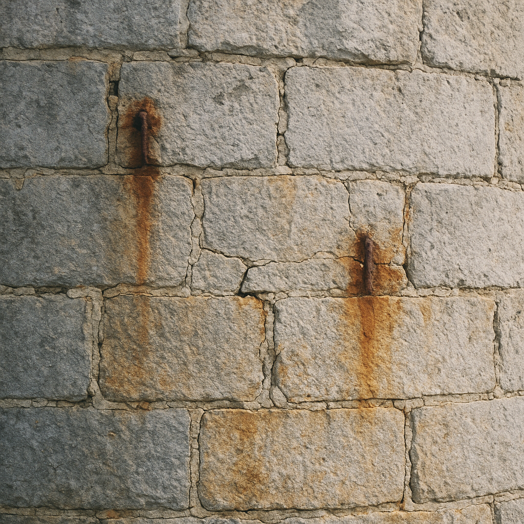Close archival detail of weathered lighthouse masonry with patched mortar and iron staining