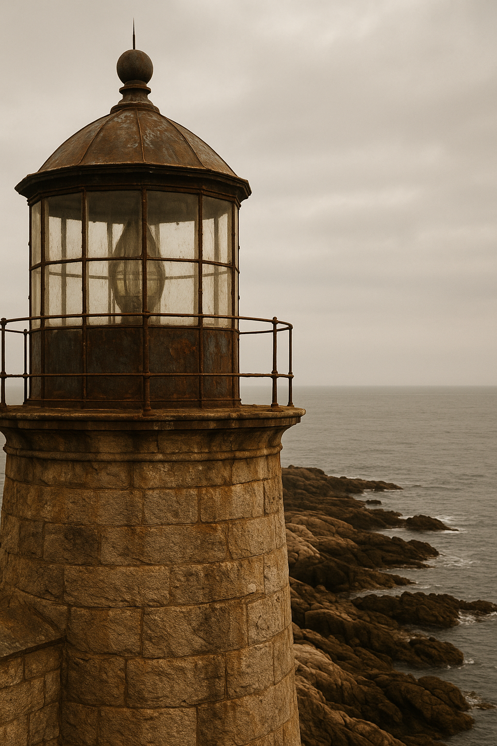 Close archival view of a weathered northern coast lighthouse lantern room above rocky shoreline