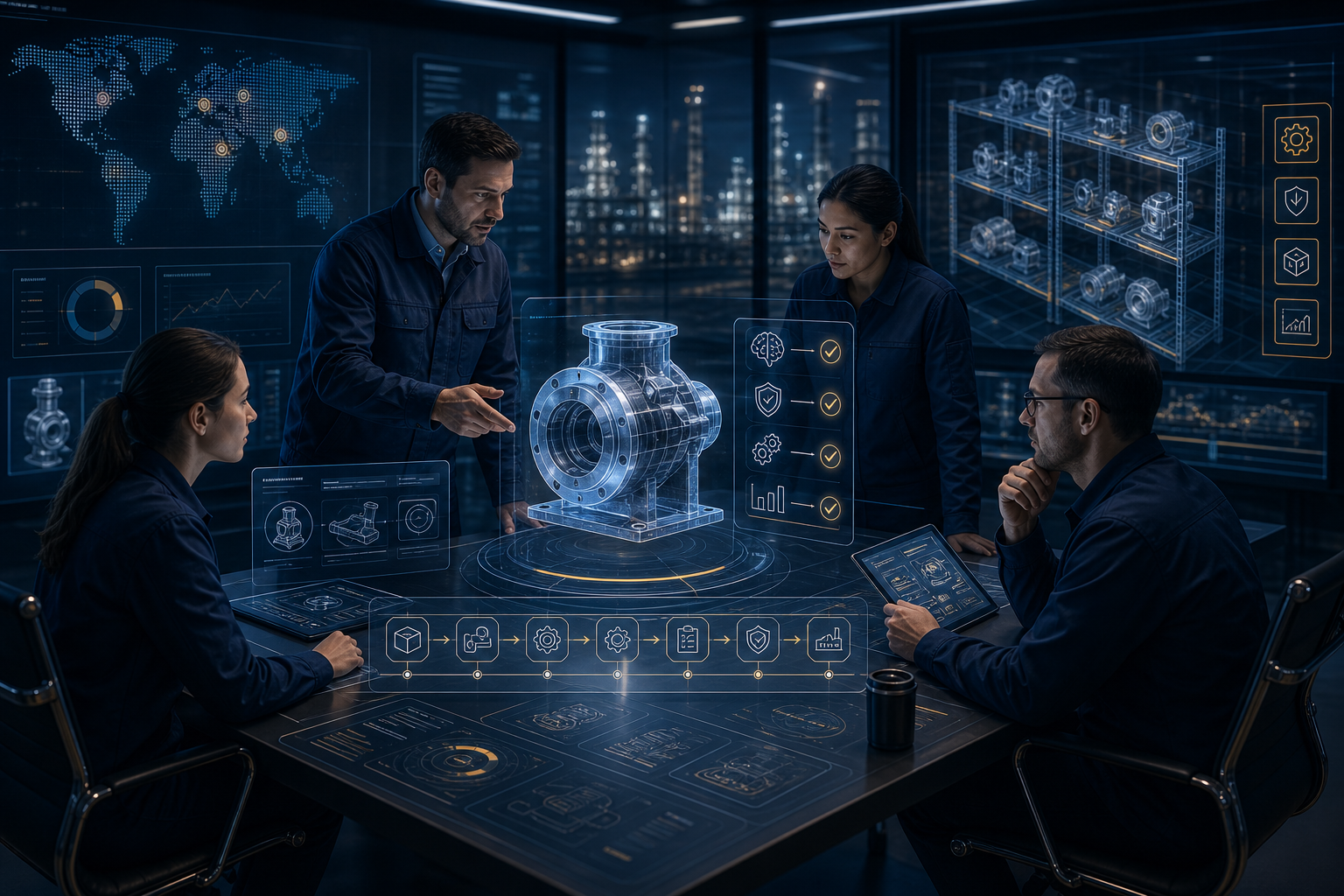Premium industrial-tech illustration of a multidisciplinary engineering innovation team reviewing 3D part models, digital manufacturing dashboards, and AI-enabled qualification workflows in a high-tech control environment