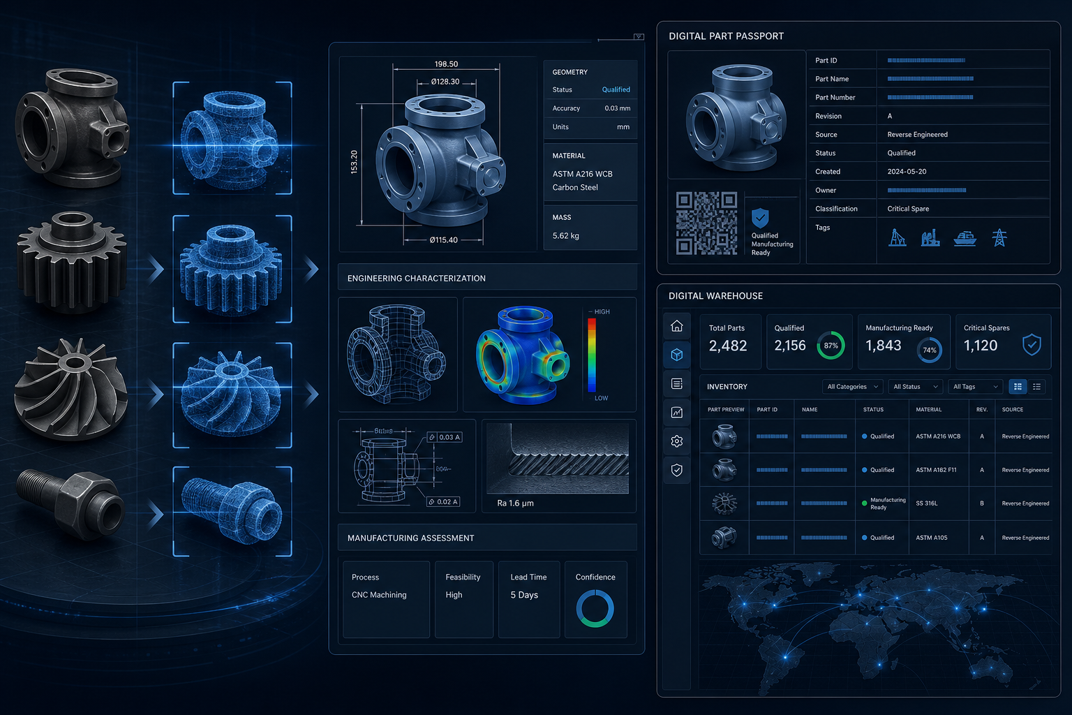 Abstract enterprise interface montage showing a journey from physical spare-part silhouettes to scanned geometry, engineering characterization panels, digital passport records, and a digital warehouse command interface