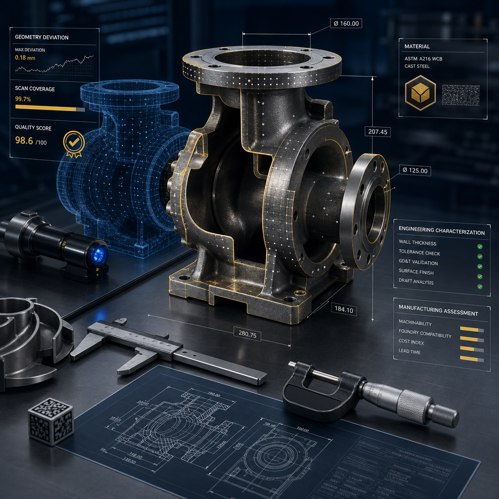 Industrial reverse-engineering team inspecting a disassembled pump component with 3D scan overlays and precision metrology tools in a high-end engineering lab