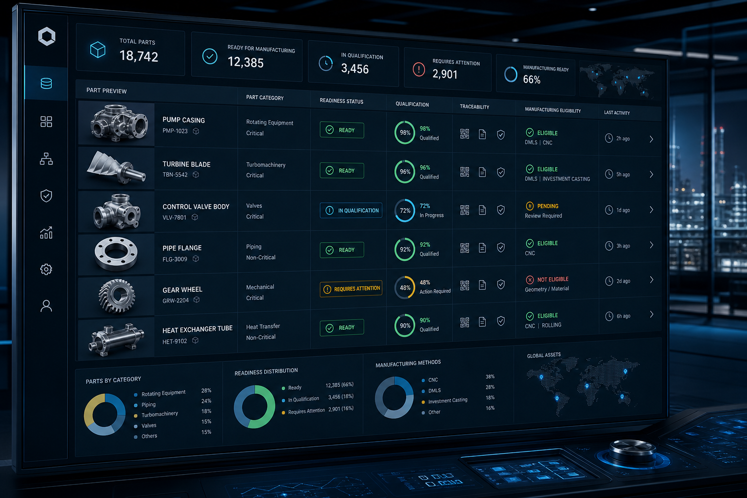 Enterprise digital warehouse interface with categorized assets, readiness status signals, qualification tags, and industrial inventory data views
