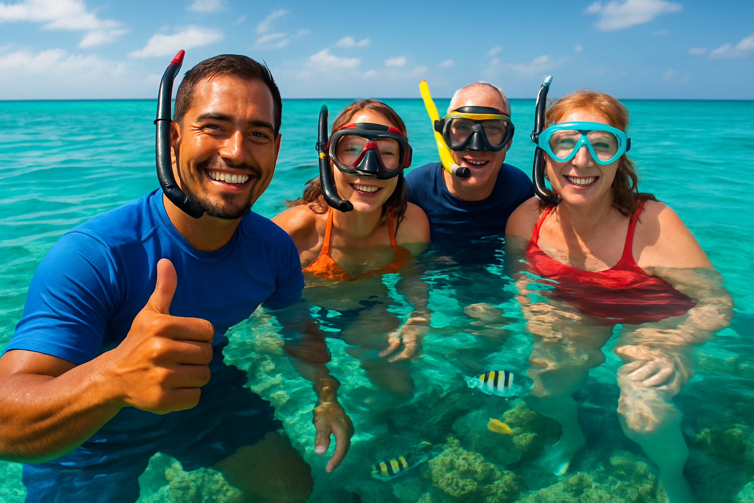 Smiling snorkel guide and cruise guests floating above a turquoise reef in Mahahual