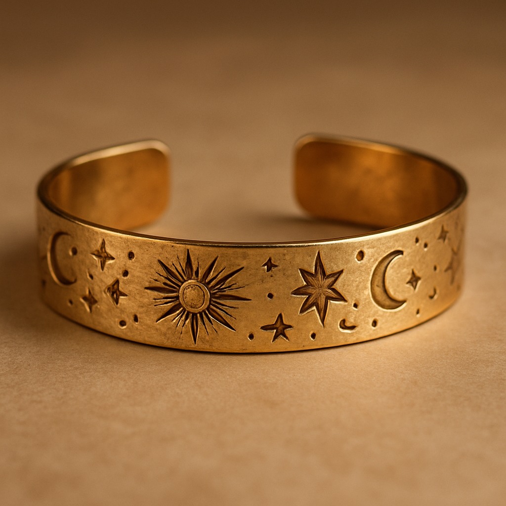 Artisan gold cuff bracelet with engraved celestial motifs