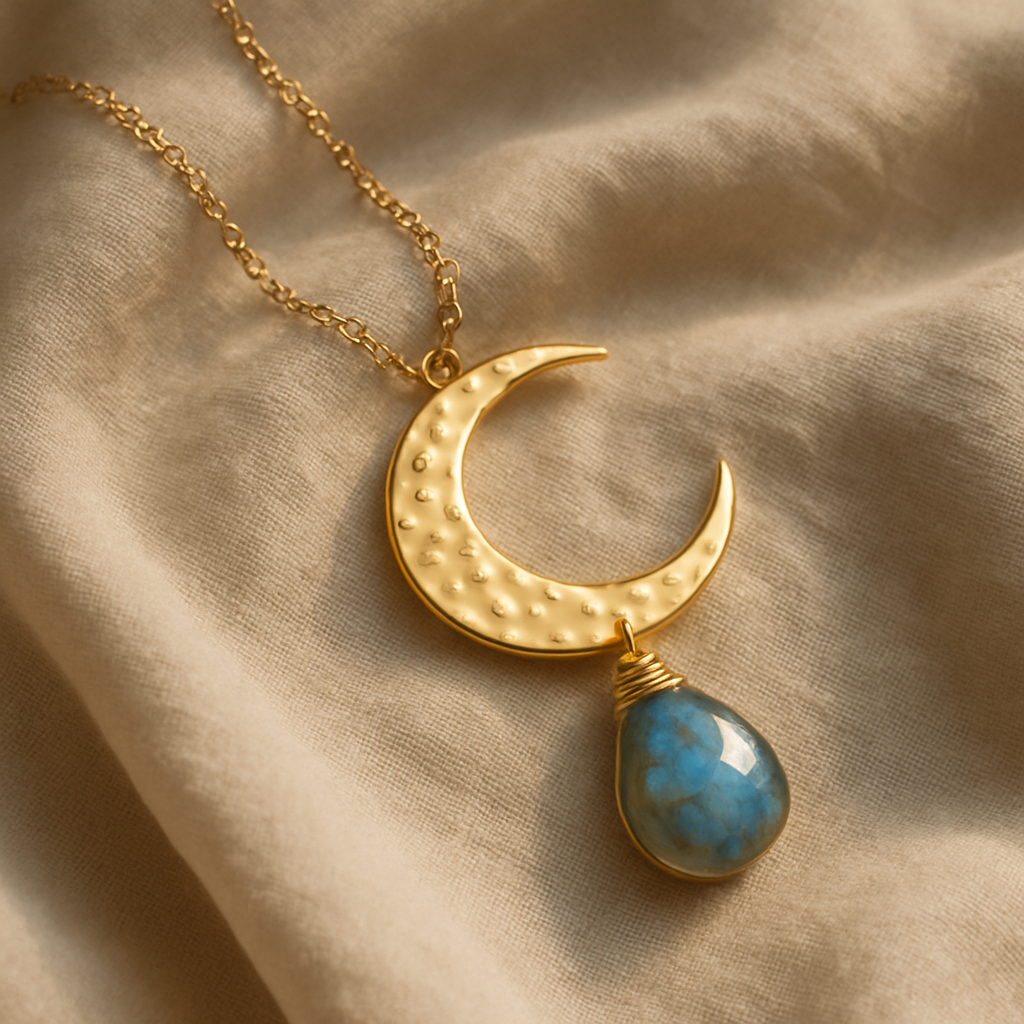 Handcrafted luna necklace with gemstone pendant on soft linen
