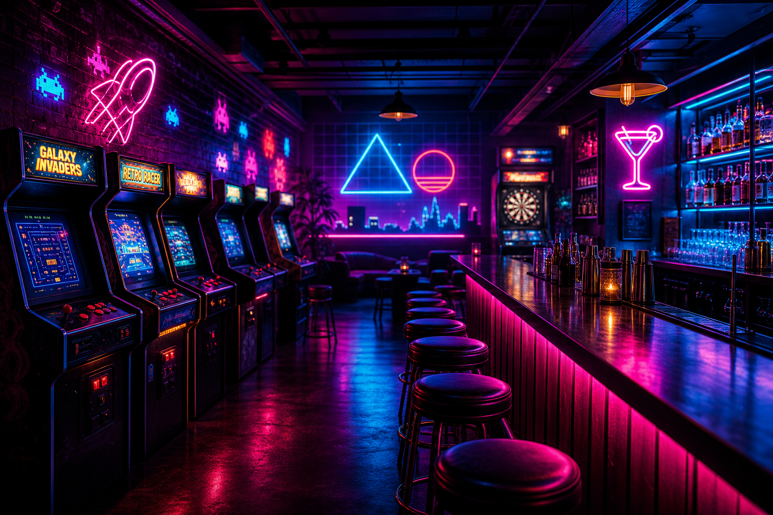 Moody retro arcade bar interior with neon magenta and cyan lighting, glowing arcade cabinets, and cocktail bar ambiance