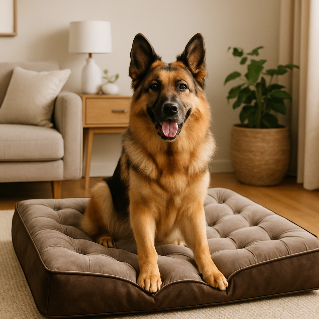 A golden retriever resting on a cozy sofa in a bright, modern living room with dog toys and a friendly host nearby