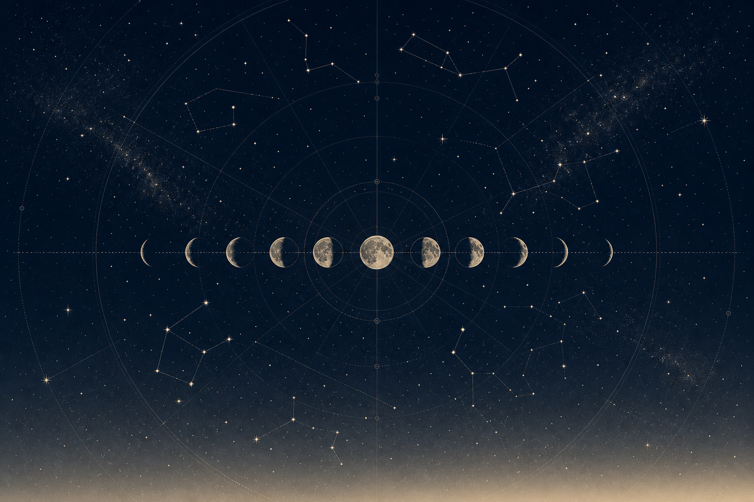 Minimalist celestial star map with constellation lines, moon-phase circles, and fine observational markings