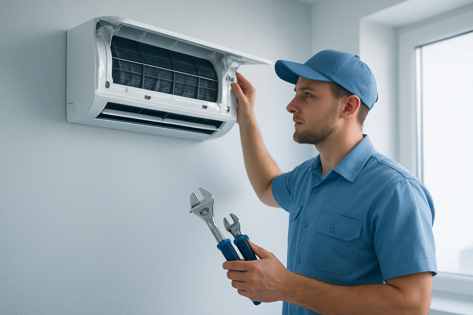 Técnico de aire acondicionado con uniforme azul claro revisando una unidad split blanca con herramientas en un entorno interior moderno y luminoso