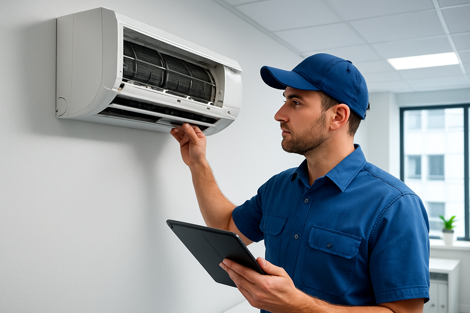 Técnico con uniforme azul revisando un equipo de aire acondicionado de pared en una oficina moderna