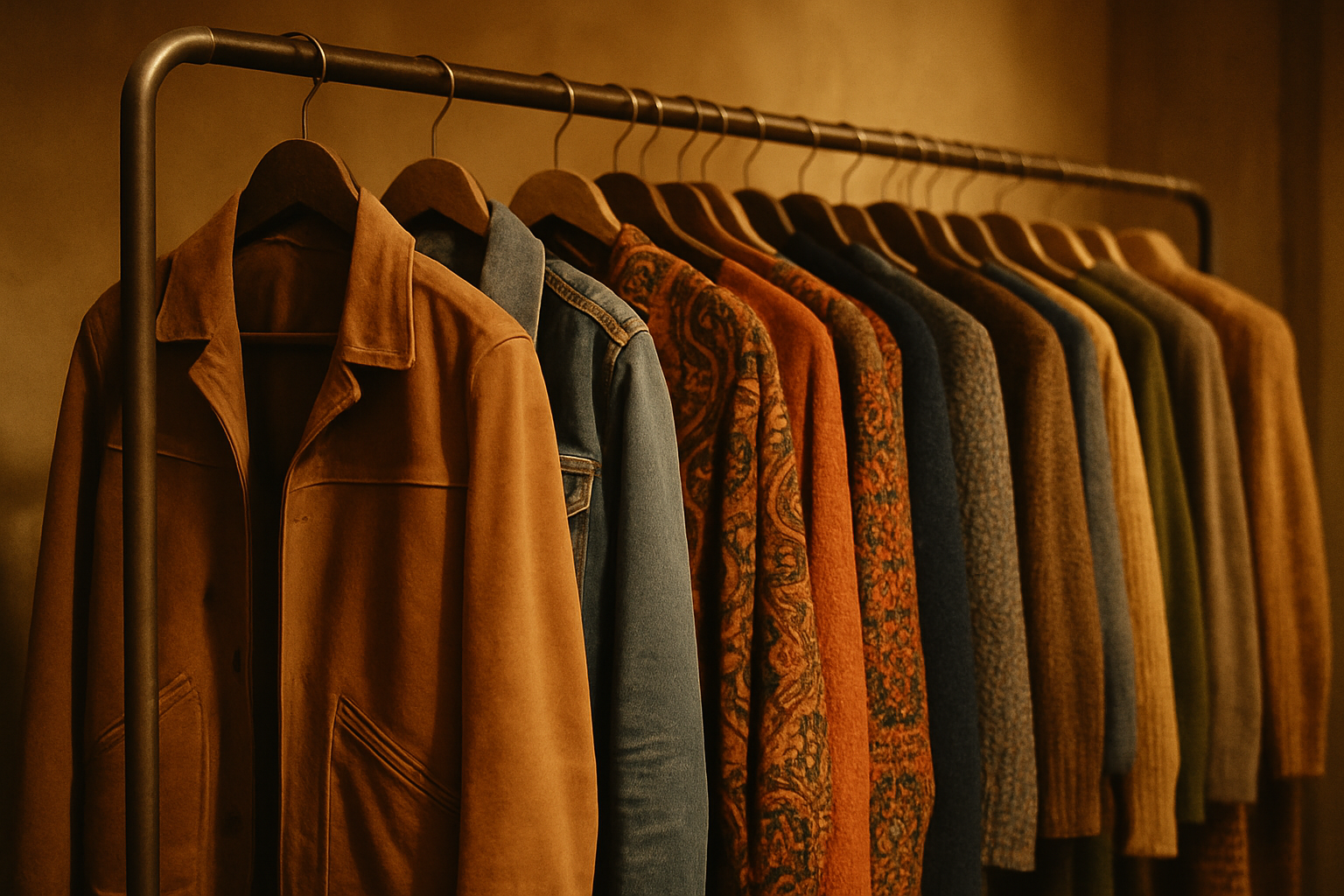 Warm cinematic photo of a curated vintage clothing rack featuring 70s and 80s jackets, denim, and patterned dresses