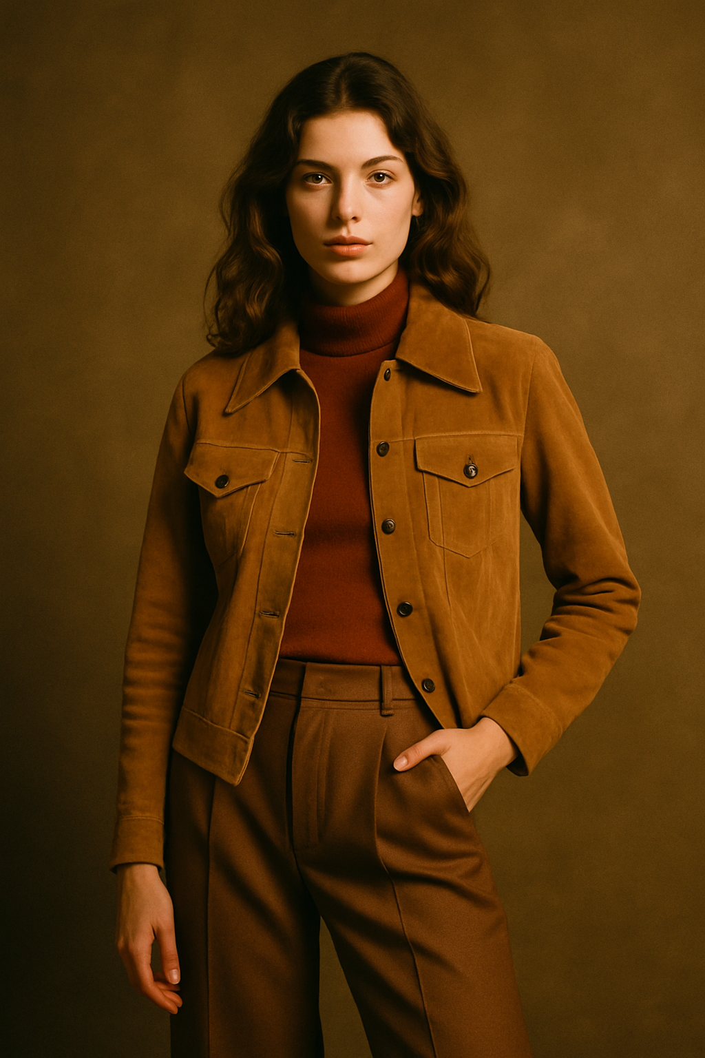 Editorial portrait of a stylish model wearing a 70s suede jacket and high-waisted trousers in a warm film-like studio