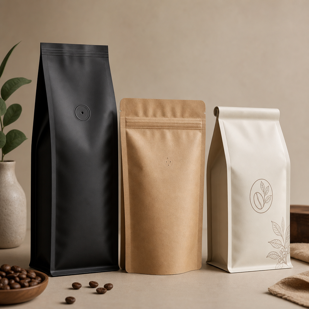 Set of premium custom coffee packaging bags in matte black, kraft brown, and cream tones with valves and printed branding