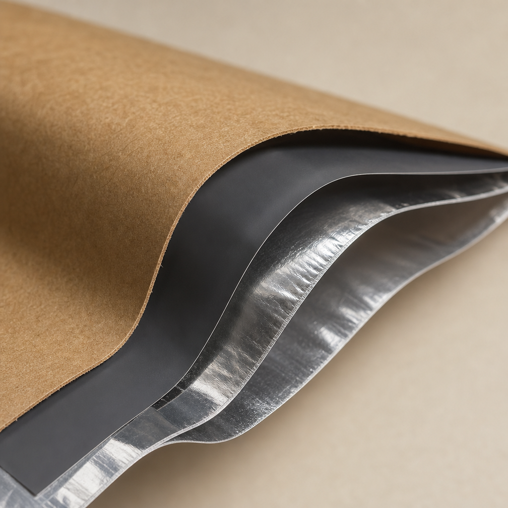 Close-up of coffee packaging material layers showing kraft paper, matte film, and aluminum barrier cross-sections