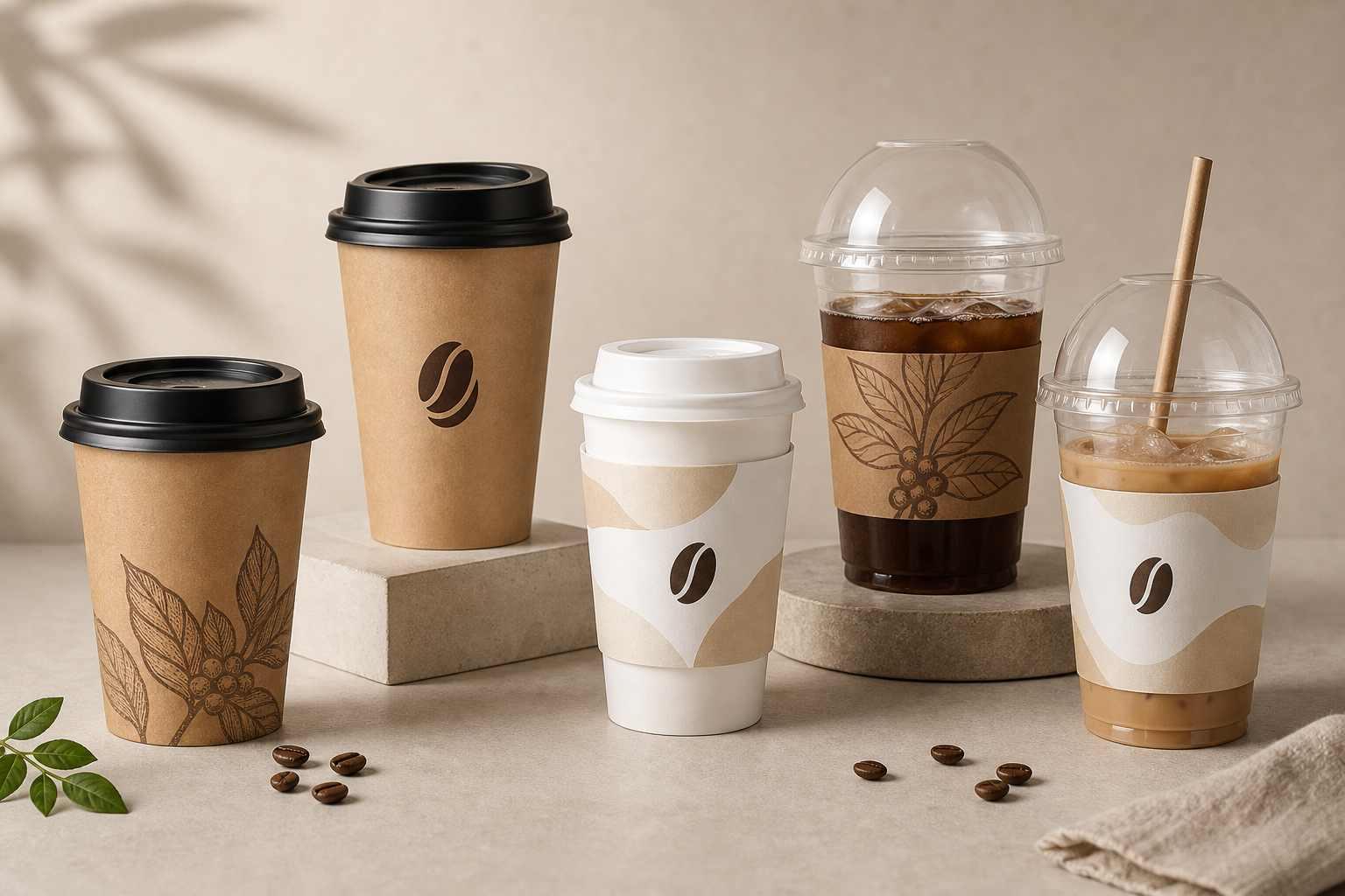 Assorted premium custom coffee cups including kraft hot cups with lids and clear cold drink cups with printed sleeves on a neutral studio surface
