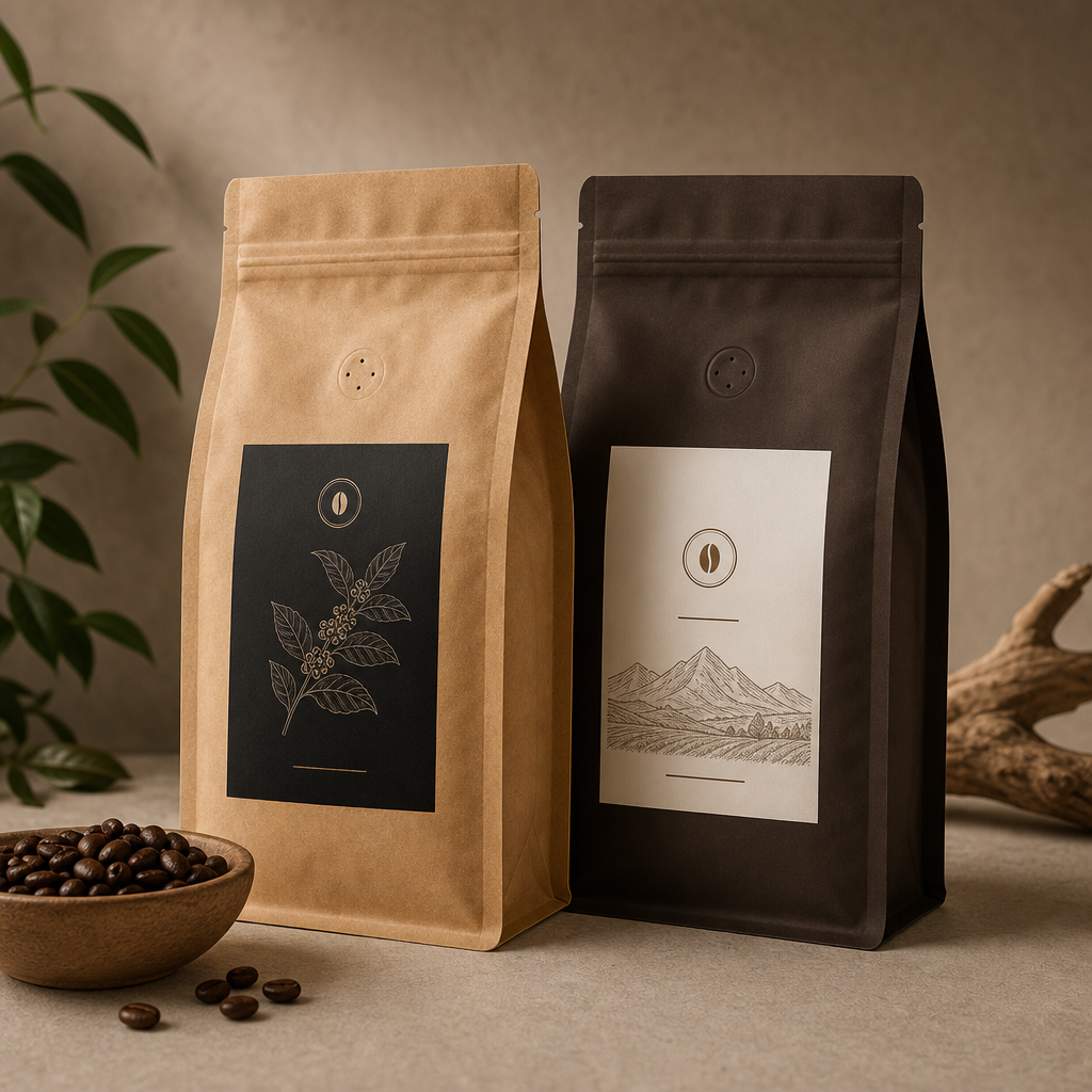 Two premium custom coffee packaging bags in matte kraft and deep espresso tones with minimalist labels