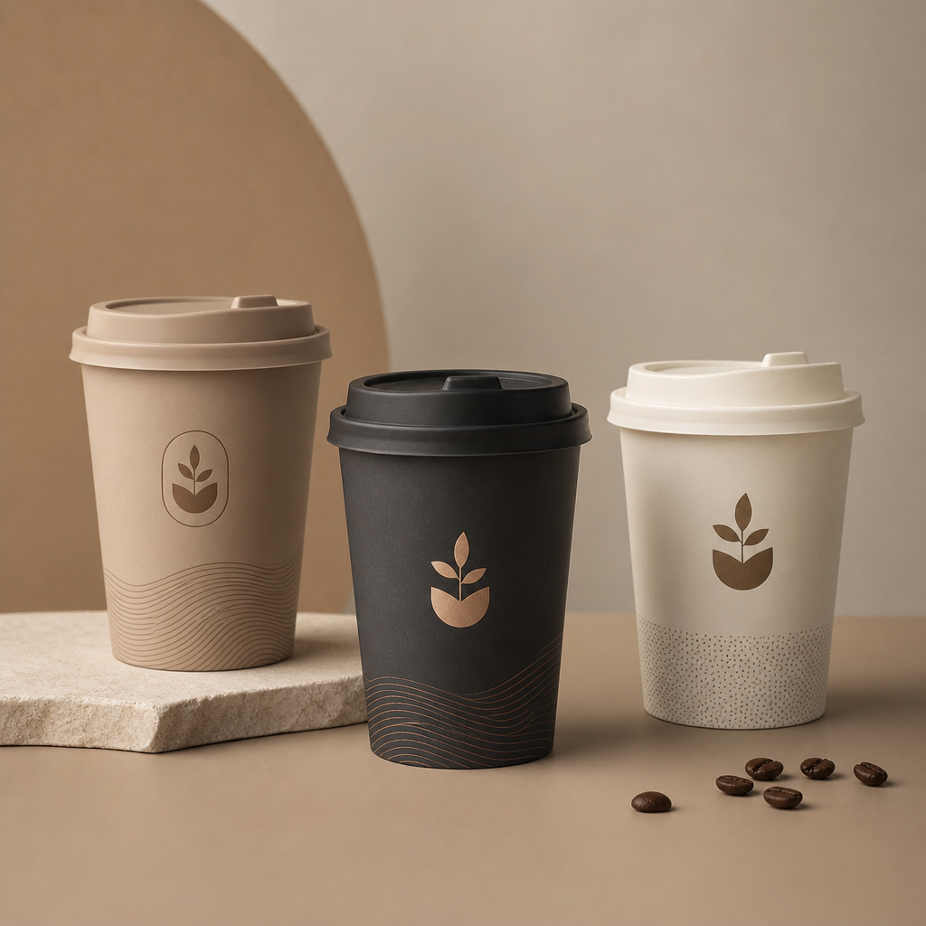Set of custom printed coffee cups in neutral colors with modern branding