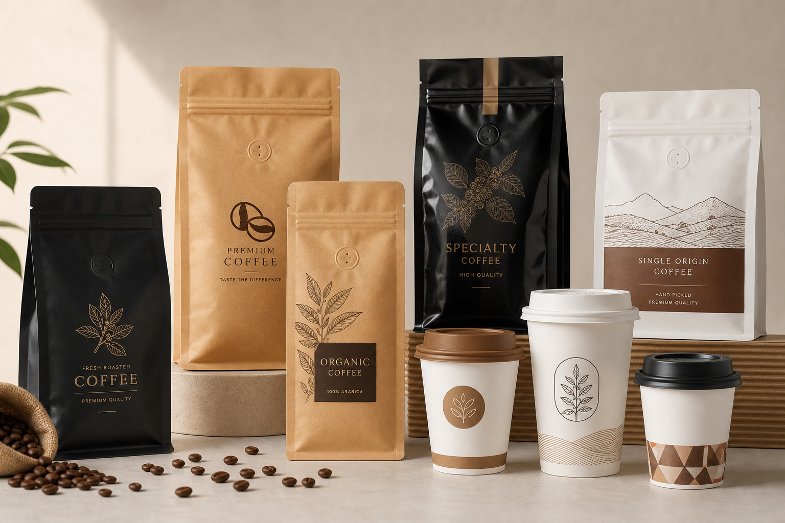 Premium custom coffee packaging bags and printed coffee cups arranged in a modern export showroom