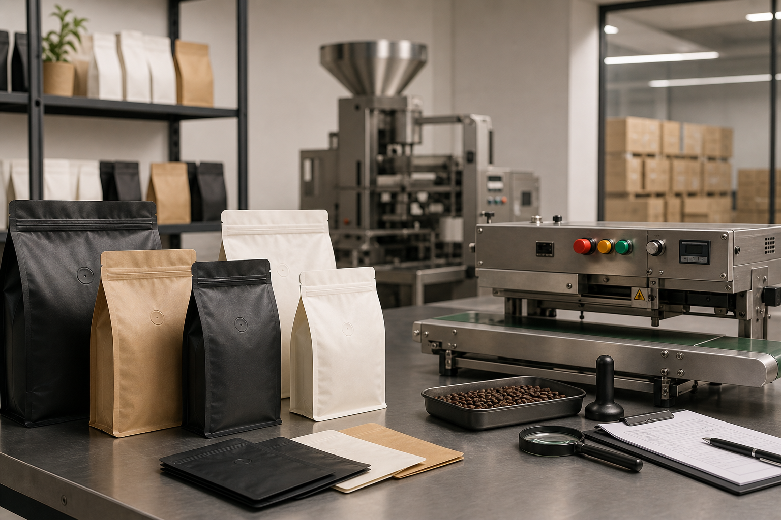 Modern packaging production workspace with coffee packaging bags and inspection tools
