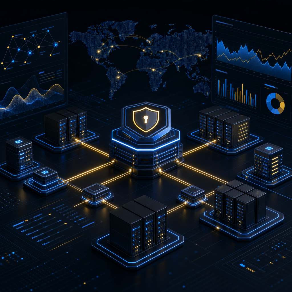 API infrastructure visualization with secure nodes and latency charts