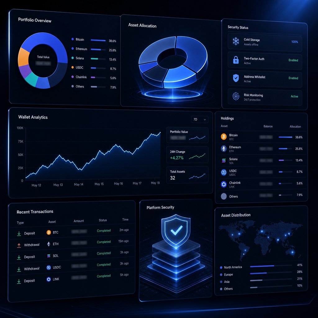 Asset management dashboard with portfolio allocation and security layers