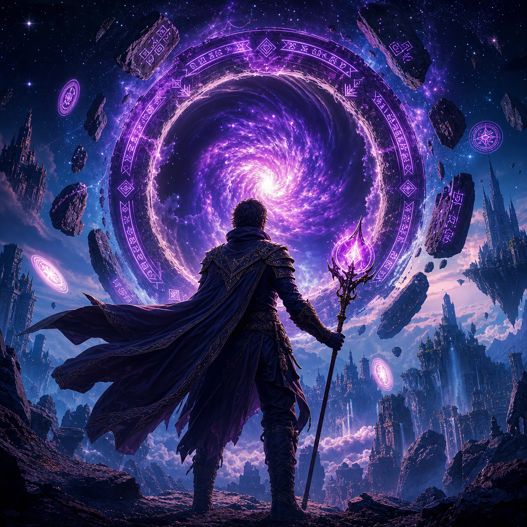 Fantasy RPG cover with a glowing staff and cosmic portal in purple tones