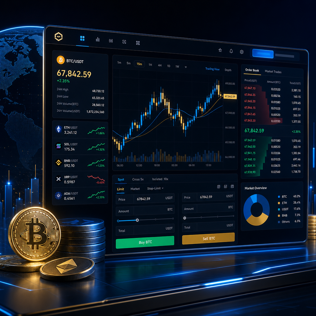Sleek crypto exchange trading dashboard with candlestick charts, depth indicators, and a dark neon market interface