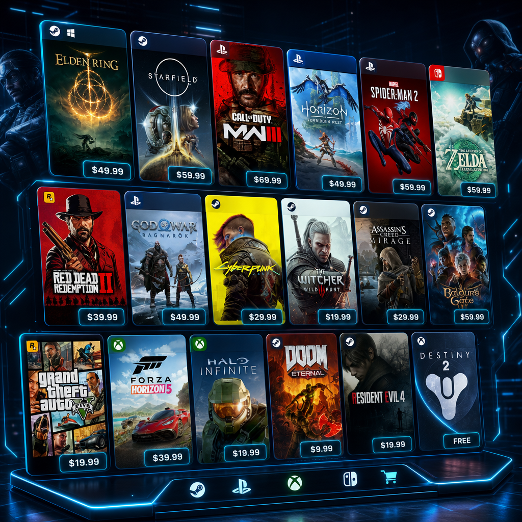Neon-lit collage of popular PC and console games displayed as marketplace cards