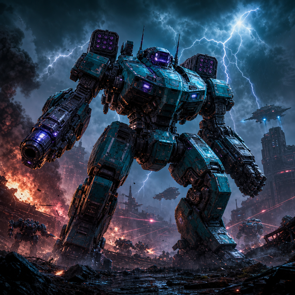 Sci-fi combat game cover showing a towering teal mech in a storm