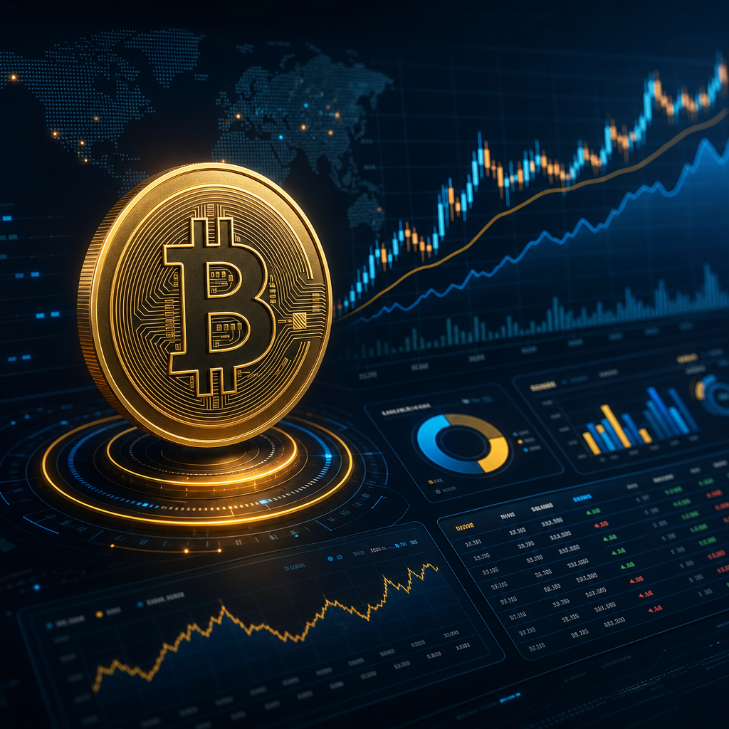 Bitcoin 交易对图标，金色 BTC 标识与深蓝数据网格背景