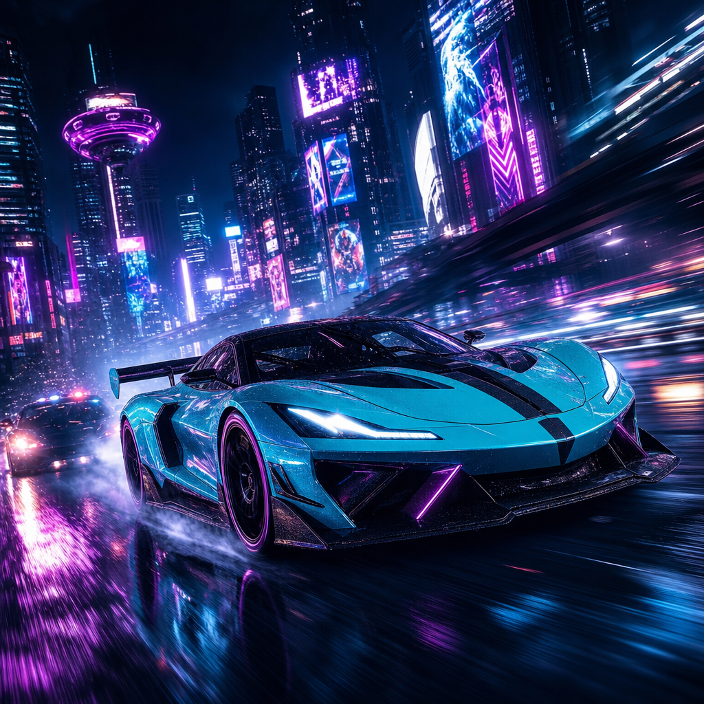 Futuristic racing game cover with a sleek cyan car and neon city lights