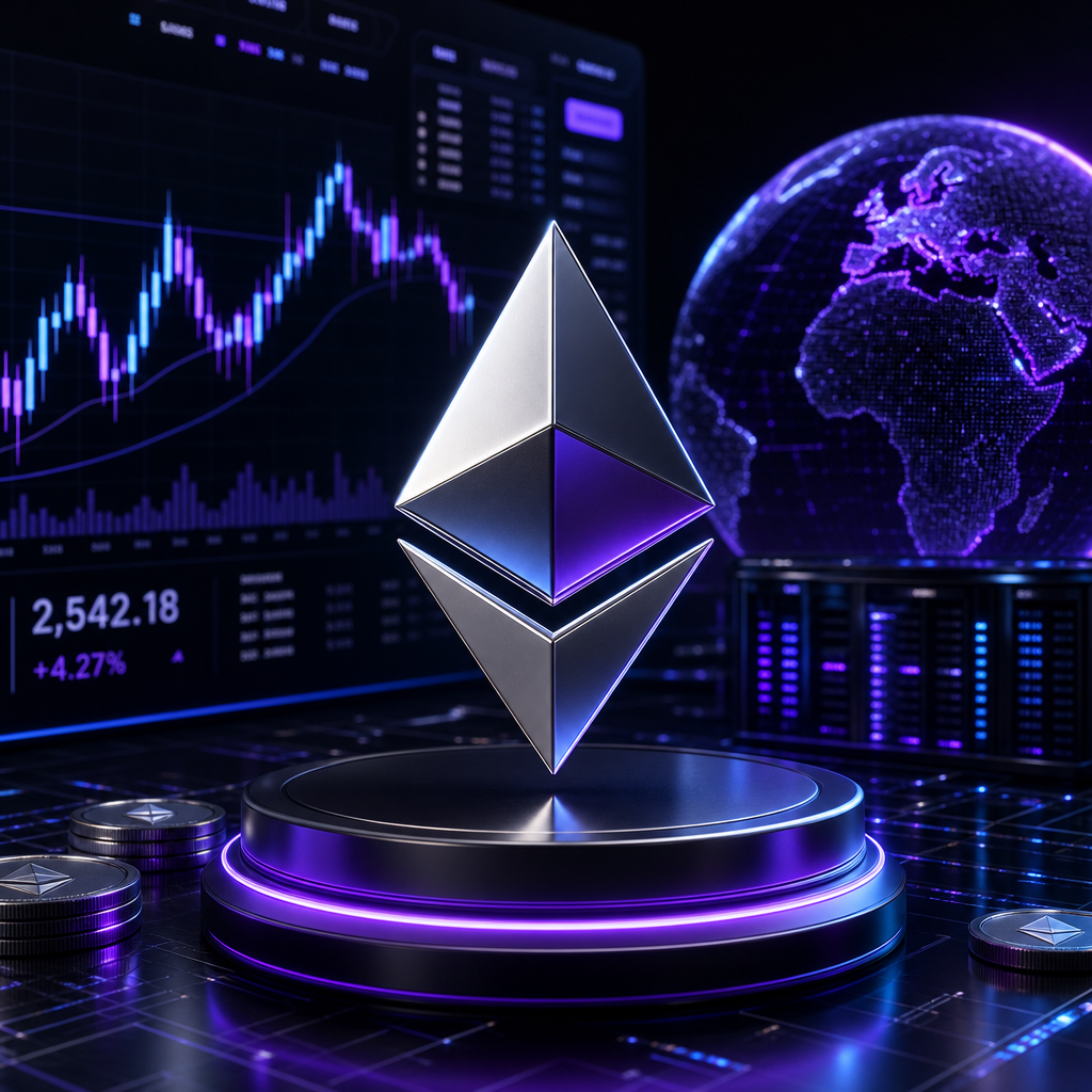 Ethereum 交易对图标，银灰 ETH 立体符号在紫色霓虹光晕中