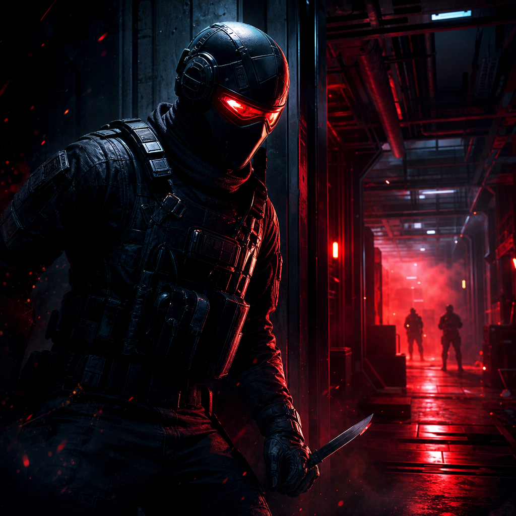 Stealth action game cover featuring a masked operative with glowing red visor