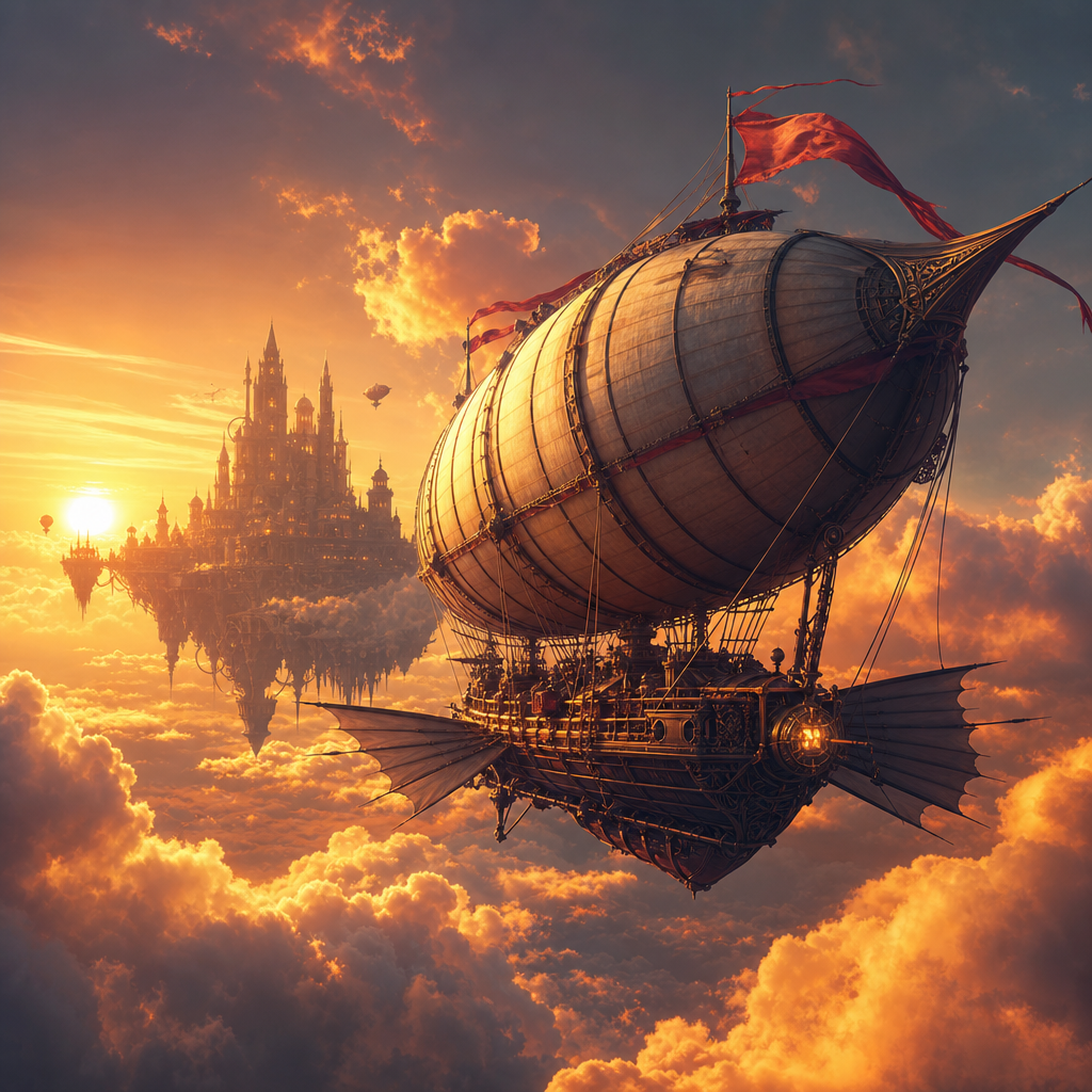 Adventure game cover with an airship soaring over orange clouds