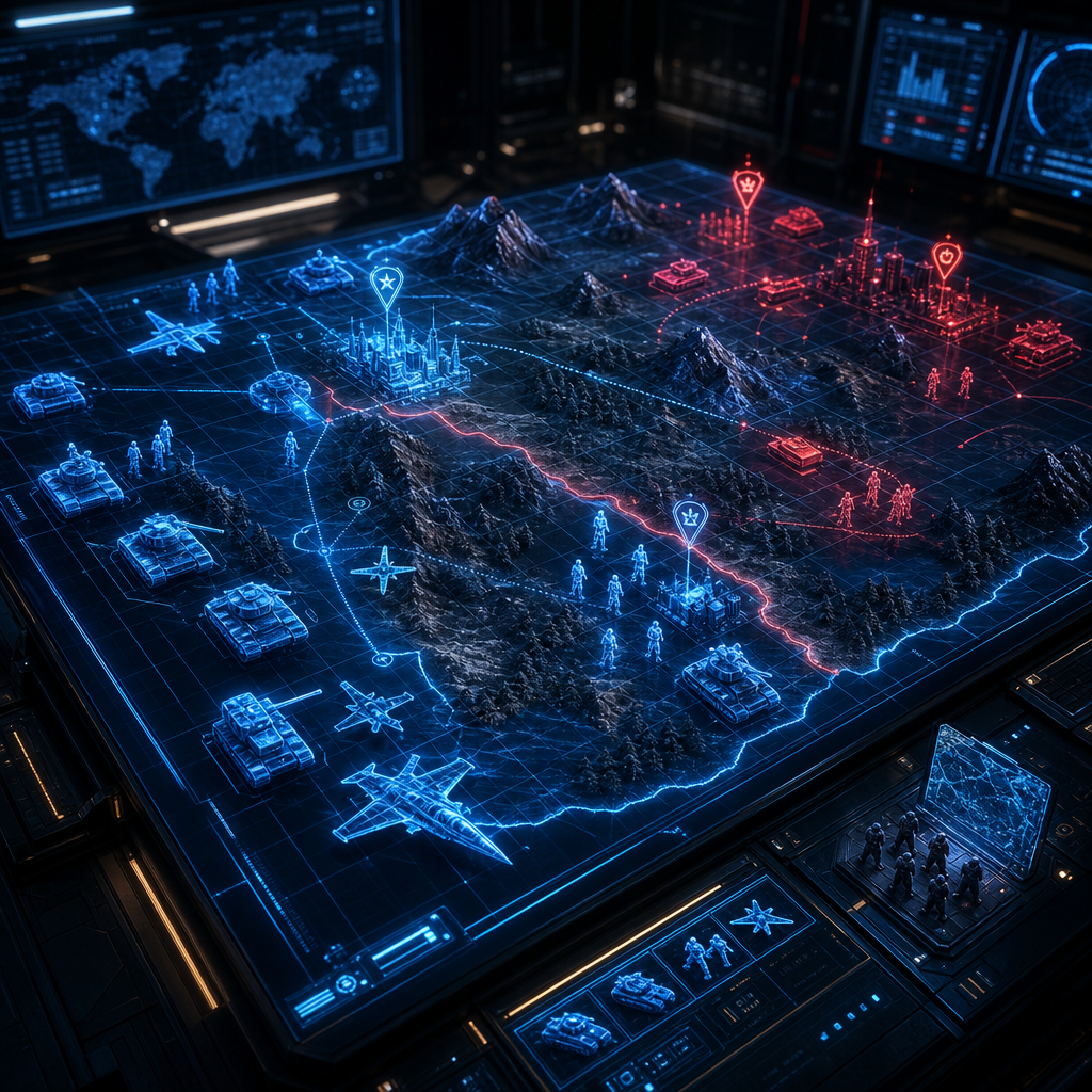 Strategy game cover with a glowing blue holographic battlefield map