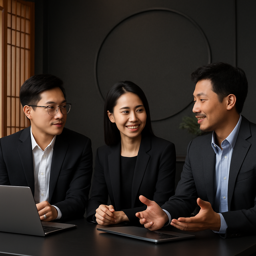 IT consulting experts in discussion, blending contemporary business attire with a xuán-black minimalist background
