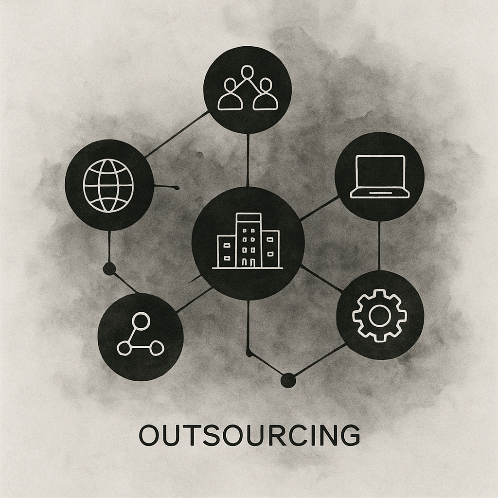 Visual metaphor of the outsourcing process, featuring interconnected nodes and a tech-modern Chinese art style