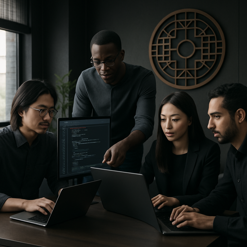 Professional software engineers collaborating in a modern workspace with subtle Chinese design motifs, xuán-black aesthetic