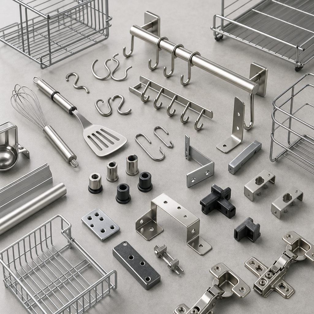 Organized selection of kitchen accessories including ladles, spatulas, and storage containers