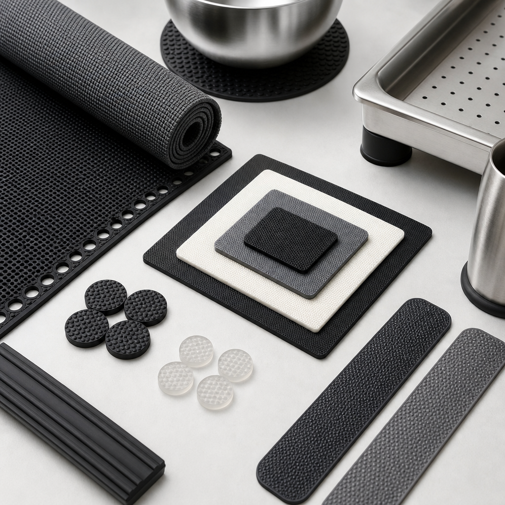 Textured anti-slip kitchen mats and grip accessories arranged in a catalog layout