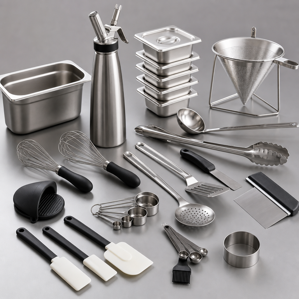 Small auxiliary catering tools and measuring accessories arranged on a clean surface