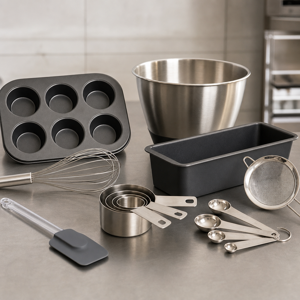 Nonstick bakeware set with a loaf pan, muffin tray, and baking sheet on a light surface