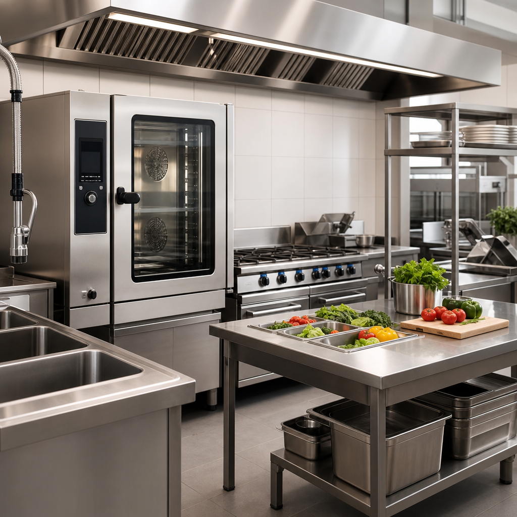 Commercial catering line with stainless steel ovens and prep tables in a professional kitchen
